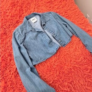 ZARA Cropped Denim Button-Up Shirt | Size M